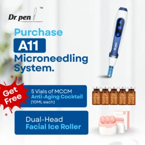 Dr. Pen® A11 Professional Series With Dual-Head Facial Ice Roller and Pack of 5 Vials of Professional Antiaging Cocktail